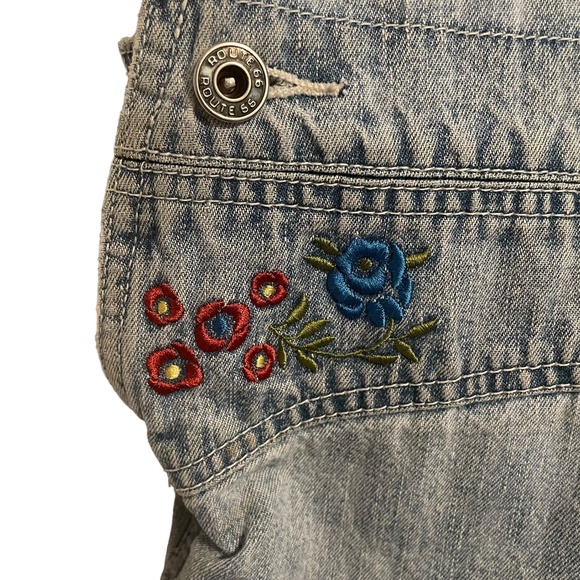 Route 66 Vintage 90's Y2K Denim Jean Overall Shorts Floral Embroidery Size L - Picture 6 of 13